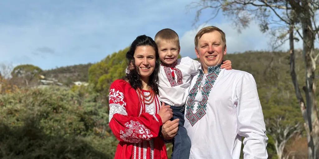 The Mykhalchuk family (Anna, Oleh, Son Nazarii), Hobart, Sandy Bay 2023