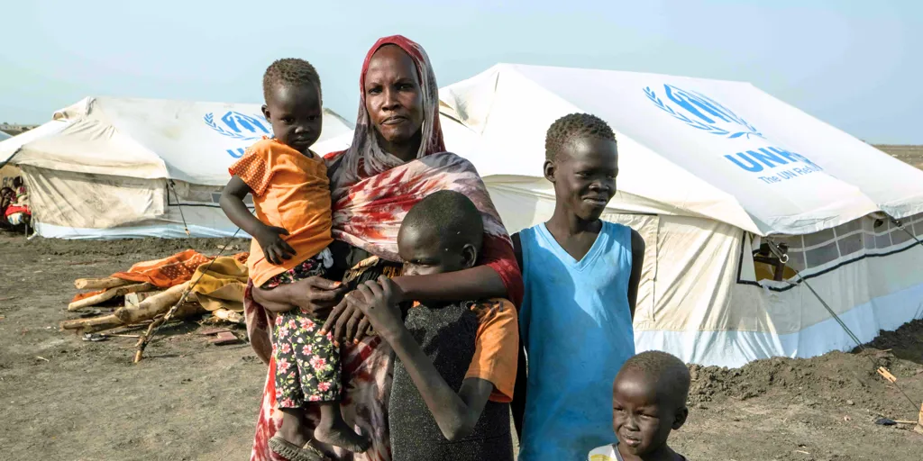 South Sudanese refugee Nyapuot Riak Dup with her four children.