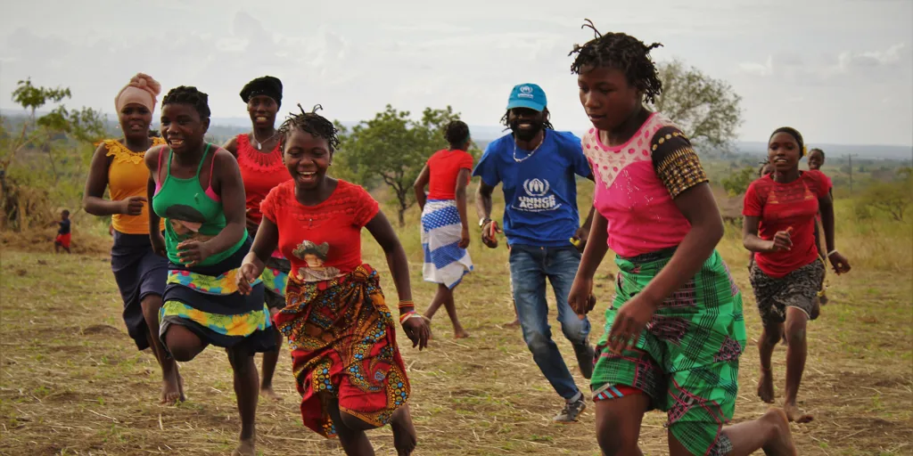 Mozambique. Displaced and host community girls play football in Cabo Delgado